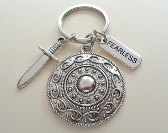 Sword and Shield Charm Keychain with Fearless Tag, Fairytale Key Ring Gift, Knight, Warrior Keychain