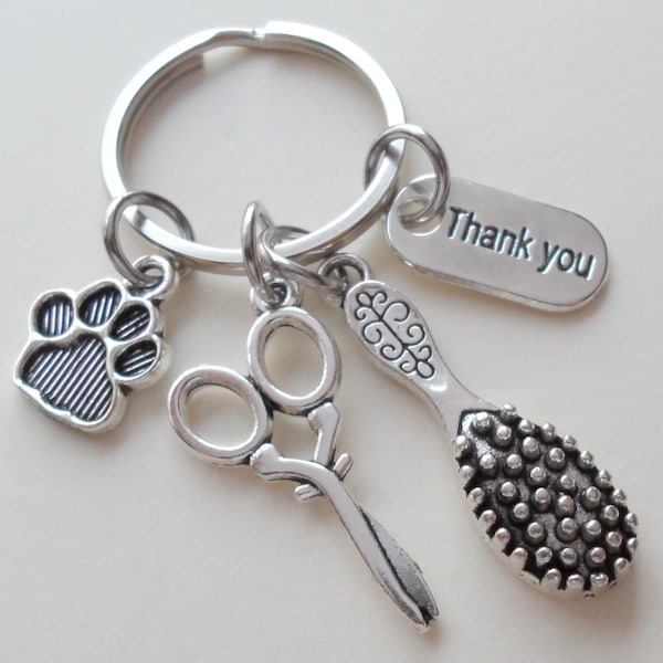 Pet Grooming Appreciation Keychain, Gift for Pet Groomer, Animal Paw Charm, Brush & Scissors Charm Keychain with Thank You Tag