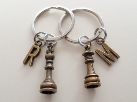 JewelryEveryday Bronze Chess Pieces Keychains, Couple Keychain Set, King & Queen Key Ring Set, Husband Wife, Girlfriend Boyfriend Gift, Anniversary Gift