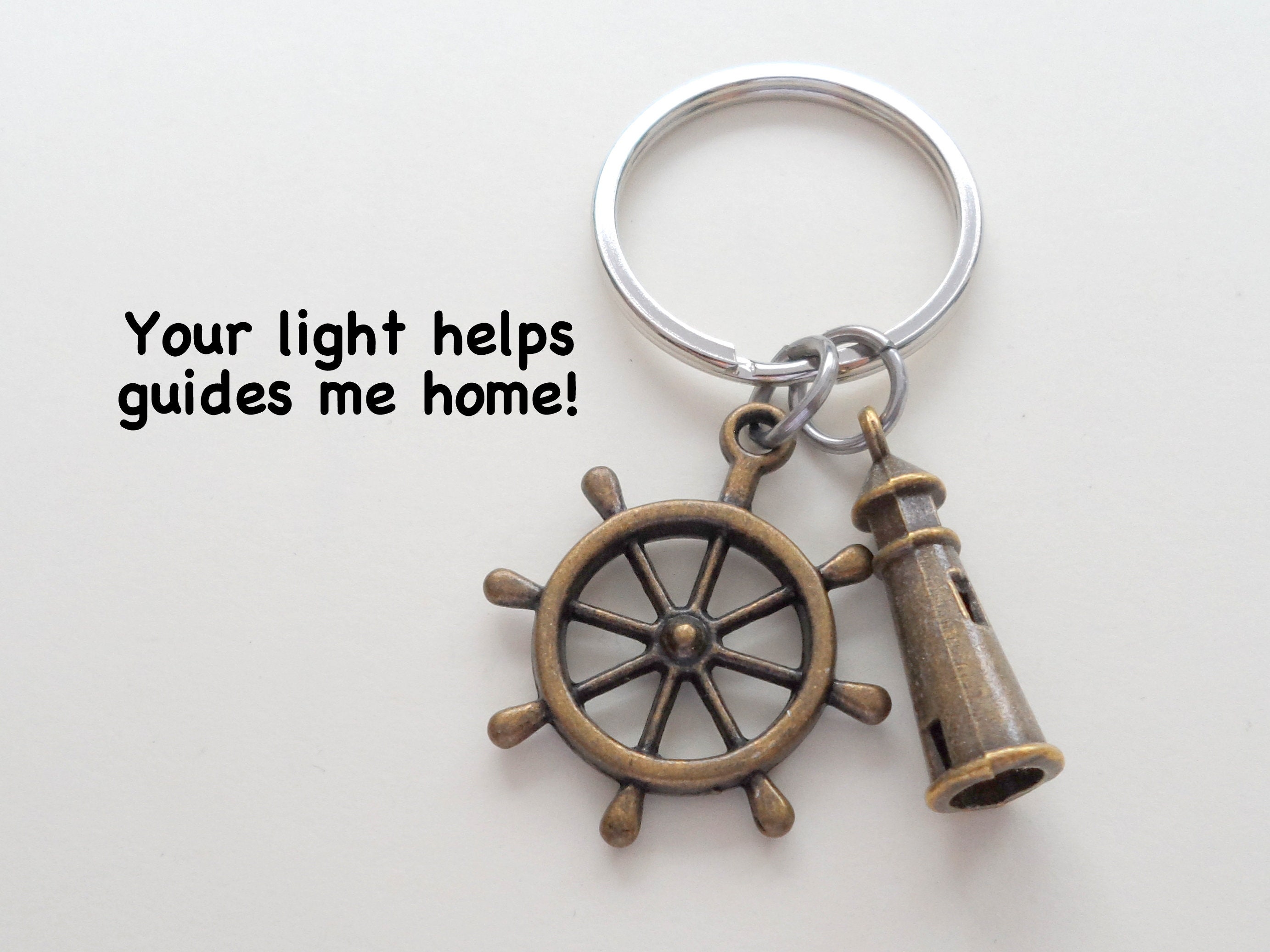 Bronze Lighthouse Ships Helm Keychain, Key Ring, Husband Wife