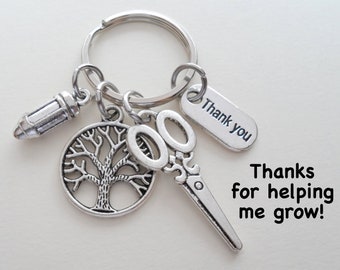 Tree, Scissors, Pencil Teacher Charm Keychain, Appreciation Gift Keychain, Gift for Mom, Grandma, Teacher Gift, School Volunteer Gift, PTA