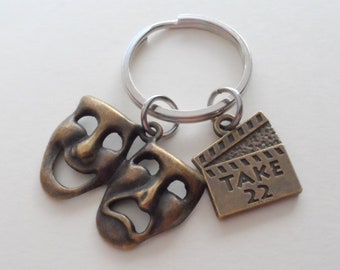 Bronze Theatre Masks Keychain with Take 22 Charm, Theater Mask Drama, Graduation, Actors Keychain, Theatre Face, Graduate Gift