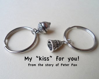 Acorn Keychain or Thimble Keychain, Couples Keychain Gift, Husband and Wife Gift, Girlfriend Boyfriend Gift, Peter Pan's Kiss, Best Friends