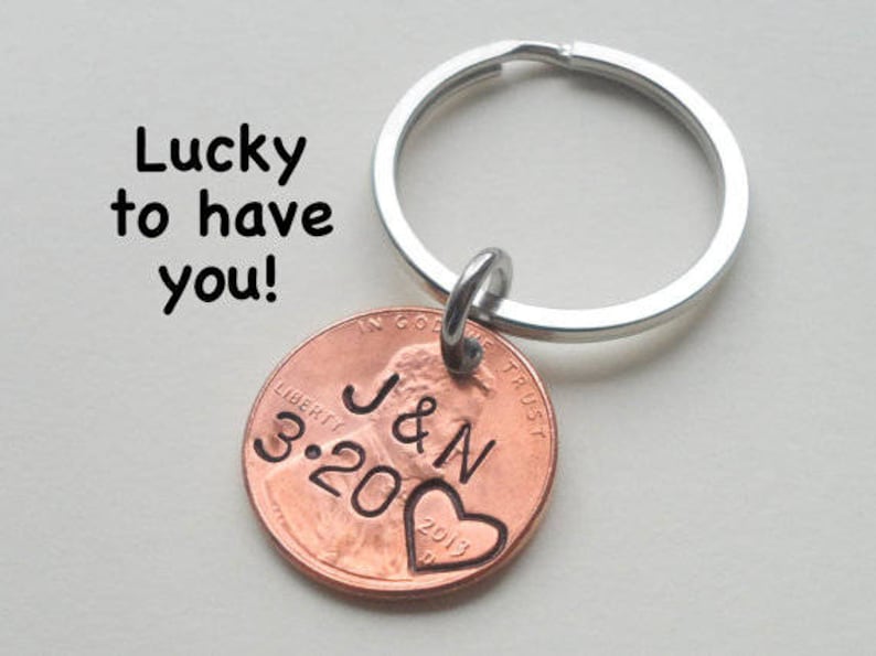 Personalized Penny Keychain, Couples Keychain, Lucky Penny, Anniversary Gift, Husband Wife Key Chain, Boyfriend Girlfriend Gift, Customized image 4