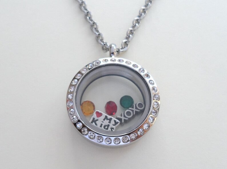 Floating Charm Locket Necklace, Birthstones Necklace, Mothers Necklace, Grandma Necklace, Memorial Gift, Personalized Steel Necklace Gift Medium CrystalCircle