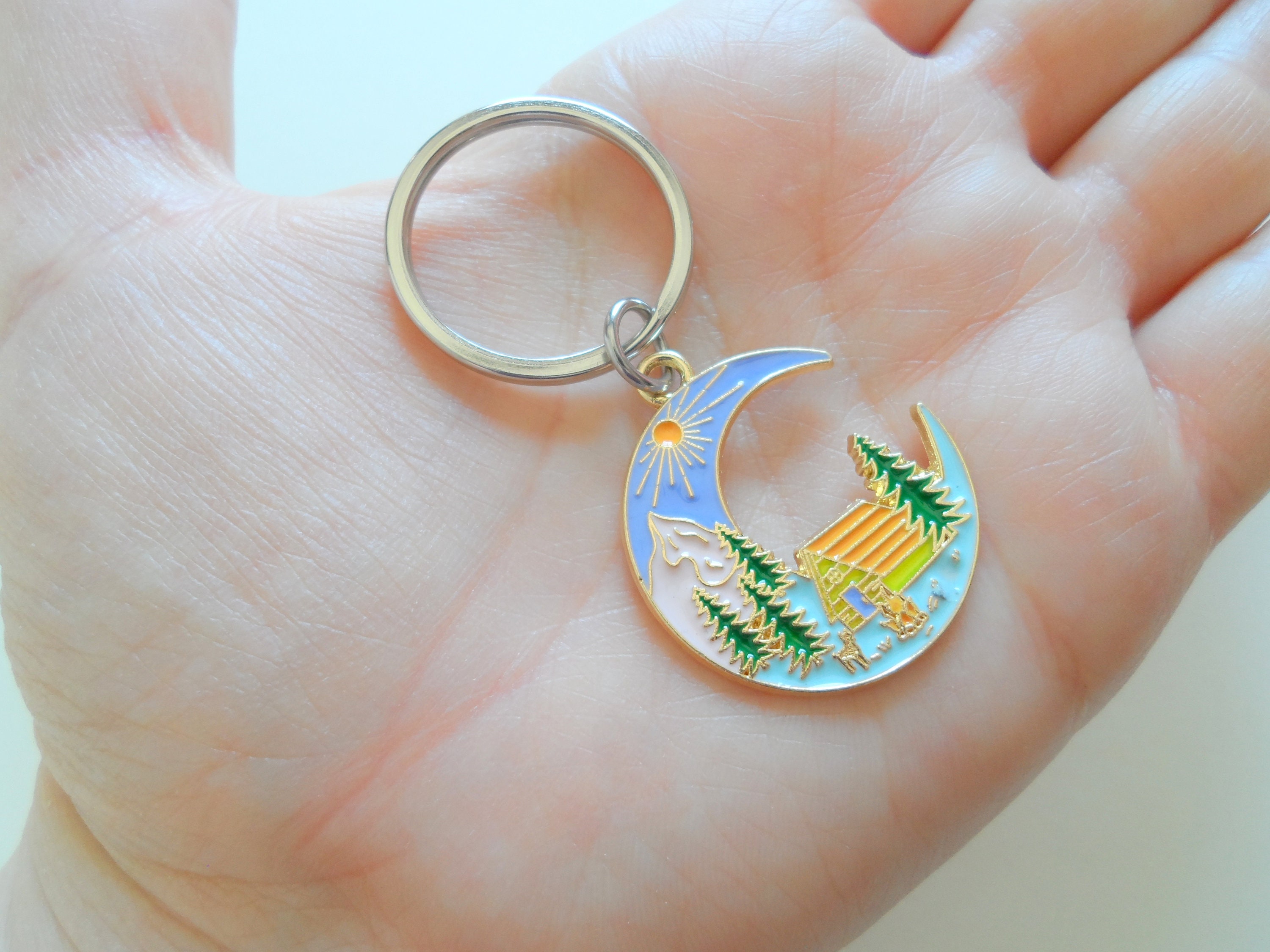 Mountain & Cabin Scene Moon Shaped Charm Keychain, Summer Camp Keychain ...
