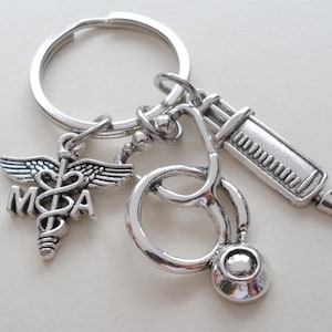 Medical Assistant Appreciation Gift Keychain, MA Charm, Stethoscope & Syringe Charm Keychain, Employee Gift, Thank You Gift