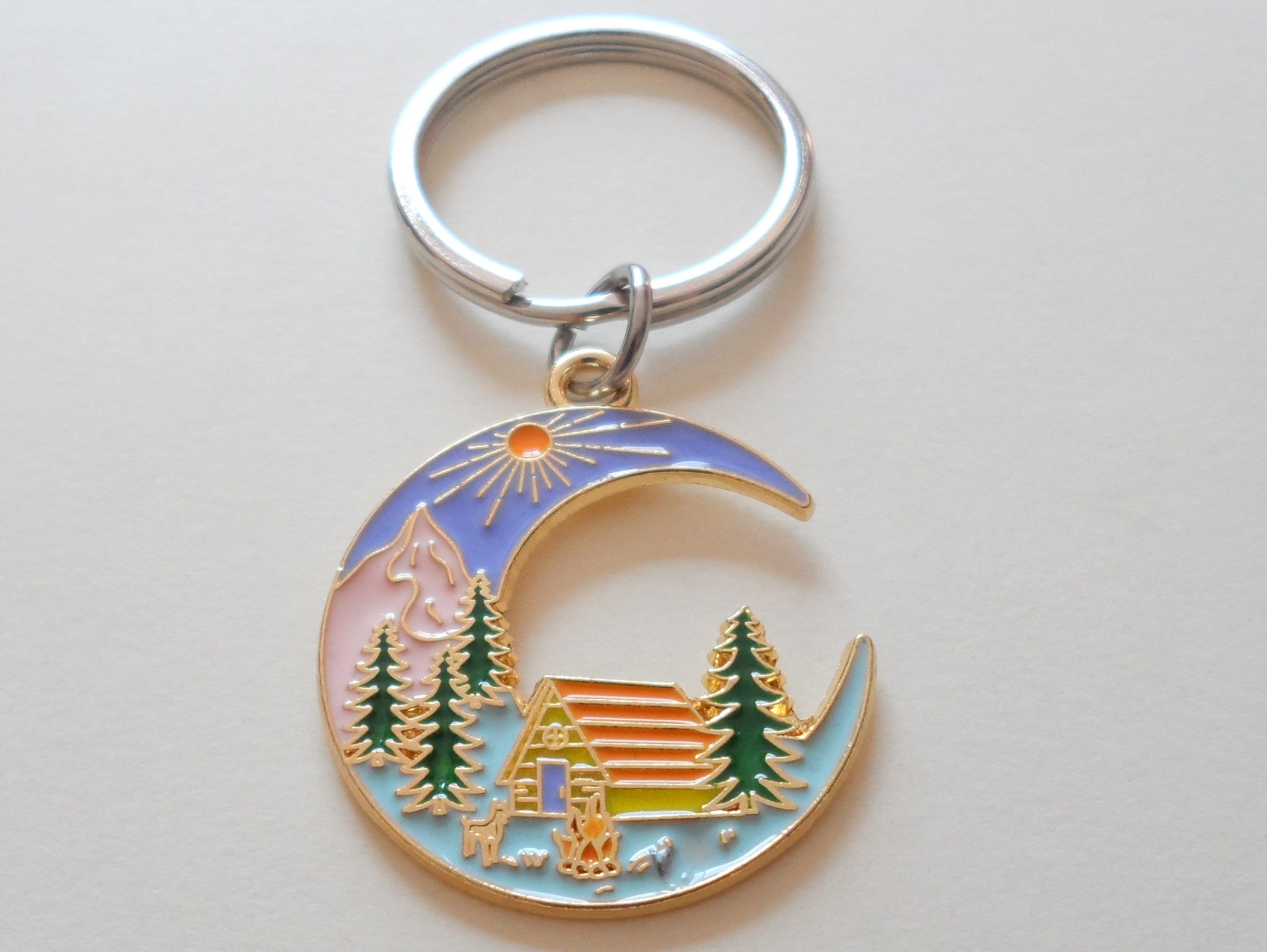 Mountain & Cabin Scene Moon Shaped Charm Keychain, Summer Camp Keychain ...