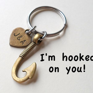 Fish Hook Keychain, Couples Keychain, Anniversary Gift for Boyfriend, Gift for Husband, Hand Stamped Key Chain, Customized, Bronze 8 Years