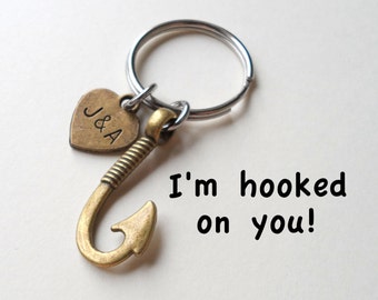 Fish Hook Keychain, Couples Keychain, Anniversary Gift for Boyfriend, Gift for Husband, Hand Stamped Key Chain, Customized, Bronze 8 Years