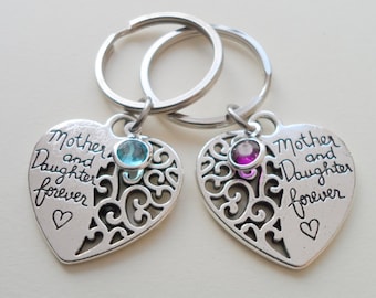 Mother and Daughter Keychain Set, Mother's Day Gift, Gift for Mothers Day, Heart Keychains with Birthstone, Going Away Gift, Graduation Gift