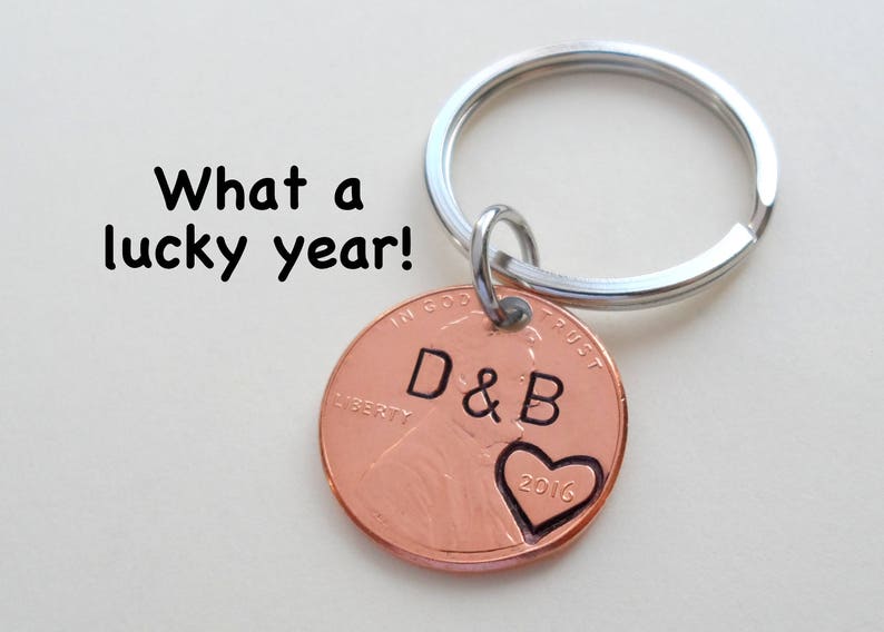 Personalized Penny Keychain, Couples Keychain, Lucky Penny, Anniversary Gift, Husband Wife Key Chain, Boyfriend Girlfriend Gift, Customized image 3