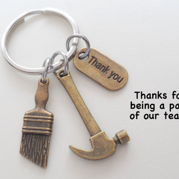 Bronze Hammer & Paint Brush Charm Keychain, Builders Appreciation Gift, Construction Team Gift, Contractor Gift, Handyman Gift