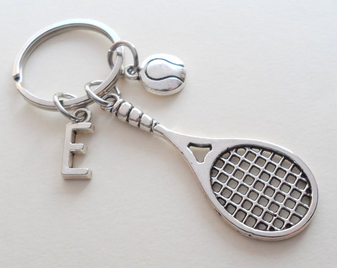 Tennis Keychain, Tennis Player Keychain, Tennis Racquet and Tennis Ball Keychain, Tennis Gift, Sport Keychain, Team Gift, Initial Charm