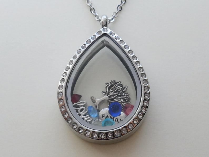 Floating Charm Locket Necklace, Birthstones Necklace, Mothers Necklace, Grandma Necklace, Memorial Gift, Personalized Steel Necklace Gift LargeCrystalTeardrop