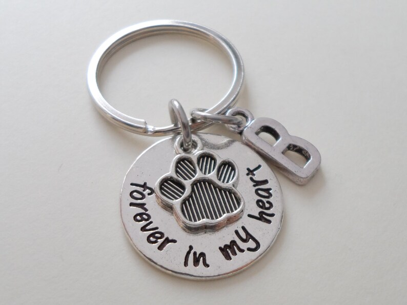 Paw Print Keychain, Remembrance Keychain, Dog Keychain, Pet Memorial Keychain, Customized Keychain Gift, Initial Charm, Forever in My Heart image 1