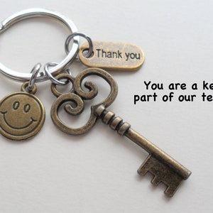 Employee Appreciation Gift Keychain, Bronze Key & Smiley Face Charm Keychain, Employee Gift, Coworker Gift, Work Team Gift, Thank you Gift