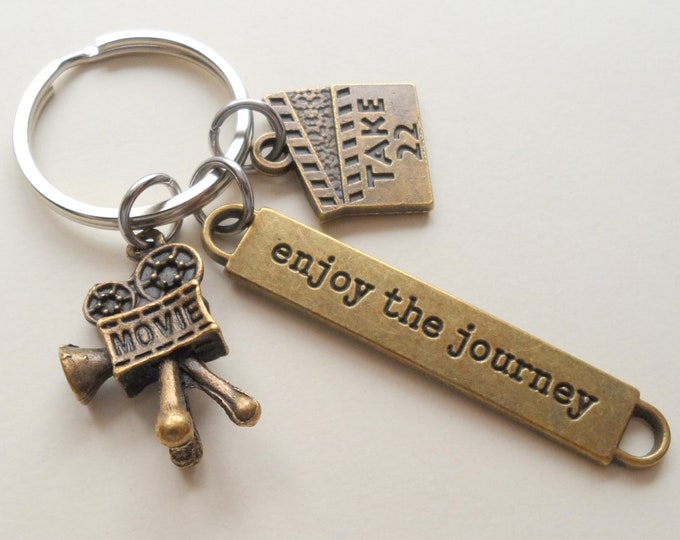 Bronze Movie & Film Keychain with Enjoy the Journey Charm, Videographer Keychain, Actors, Producer, Director Gift Keychain, Graduate Gift