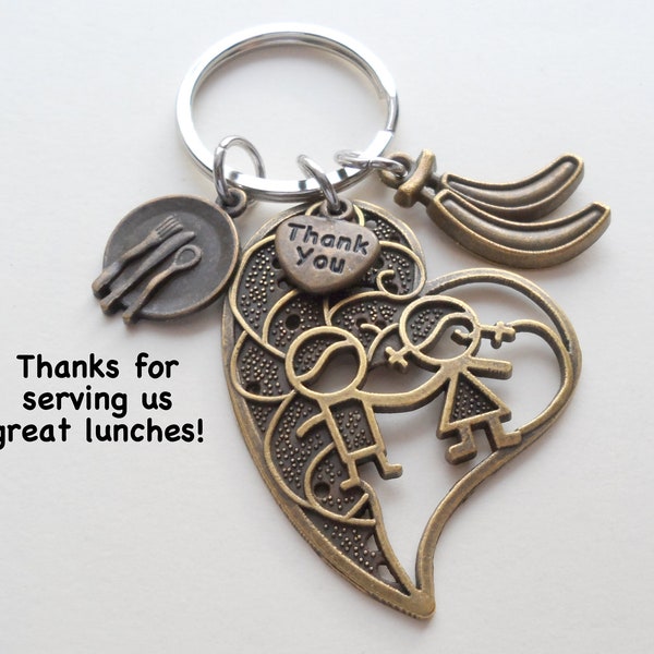 School Lunch Server Bronze Charm Keychain, Large Heart with Kids, Appreciation Gift for Lunch Lady Staff, Lunch Aide, Cook, Thank You Gift
