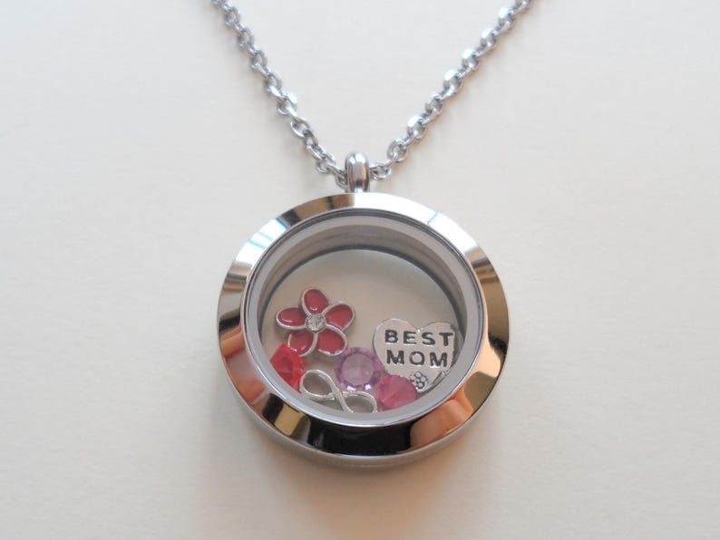 Floating Charm Locket Necklace, Birthstones Necklace, Mothers Necklace, Grandma Necklace, Memorial Gift, Personalized Steel Necklace Gift Medium Plain Circle