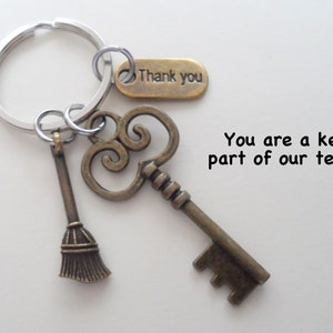 Housekeeping Appreciation Gift Keychain, Cleaning Crew Keychain, Janitor, Janitorial Staff Gift, Staff Thank you Gift, Bronze Key & Broom