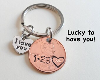 Personalized Couple Keychain, Lucky Penny Keychain, Initial Key Chain, Anniversary Gift for Husband, Wife, Boyfriend Girlfriend Keychain