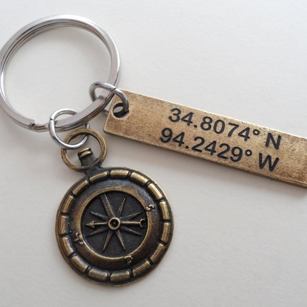 Bronze Compass Keychain, Couples 8th Year Anniversary Gift, Couples Keychain, Husband Wife, Girlfriend Boyfriend Key Chain, Coordinates