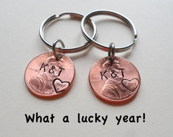 2 Personalized Penny Keychains, Anniversary Gift, Husband Wife Key Chain, Boyfriend Girlfriend Gift, Customized Couples Keychains, 7 Year