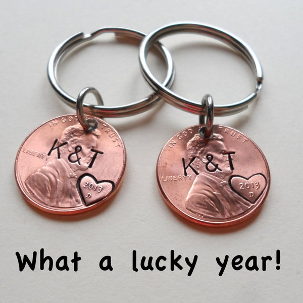 2 Personalized Penny Keychains, Anniversary Gift, Husband Wife Key Chain, Boyfriend Girlfriend Gift, Customized Couples Keychains, 7 Year