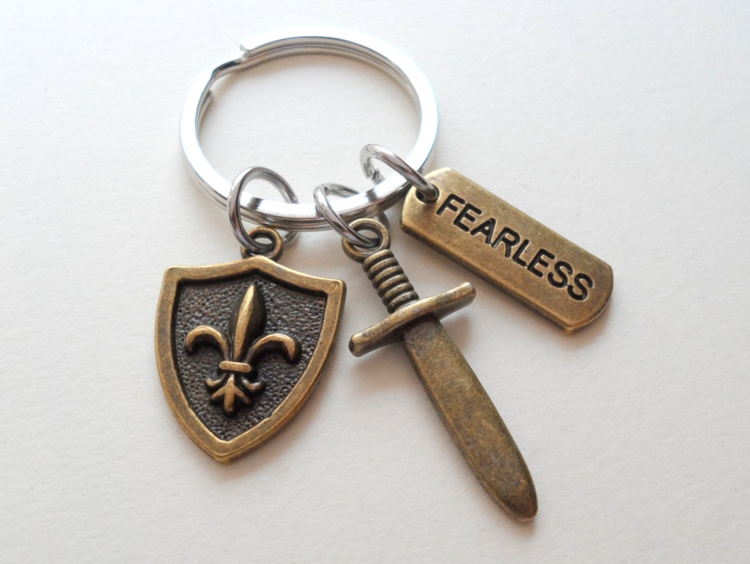 Bronze Sword and Shield Charm Keychain With Fearless Tag, Fairytale Key ...