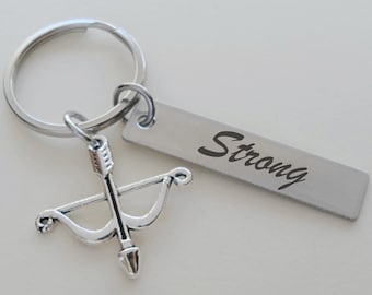 Bow and Arrow Charm Keychain with Custom Engraved Tag, Student Graduation Gift, Fairytale Key Ring Gift, Knight, Warrior Keychain