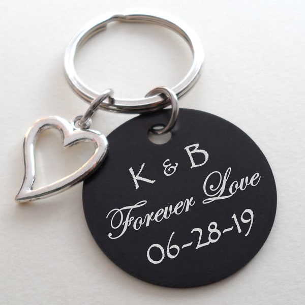 Custom Engraved Anodized Black Aluminum Disc Keychain with Heart Charm, Personalized Couples Anniversary Gift Key Chain