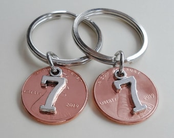 7 Year Anniversary 2019 Penny Keychain Set, Couples Keychains, Lucky Anniversary Gift, Husband Wife KeyChain, Boyfriend Girlfriend Gift