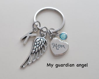 In Memory of Mom Keychain, Remembrance Keychain, Angel Mom Keychain, Mother Memorial Keychain, Mom Wing Charm Keychain and Initial Charm