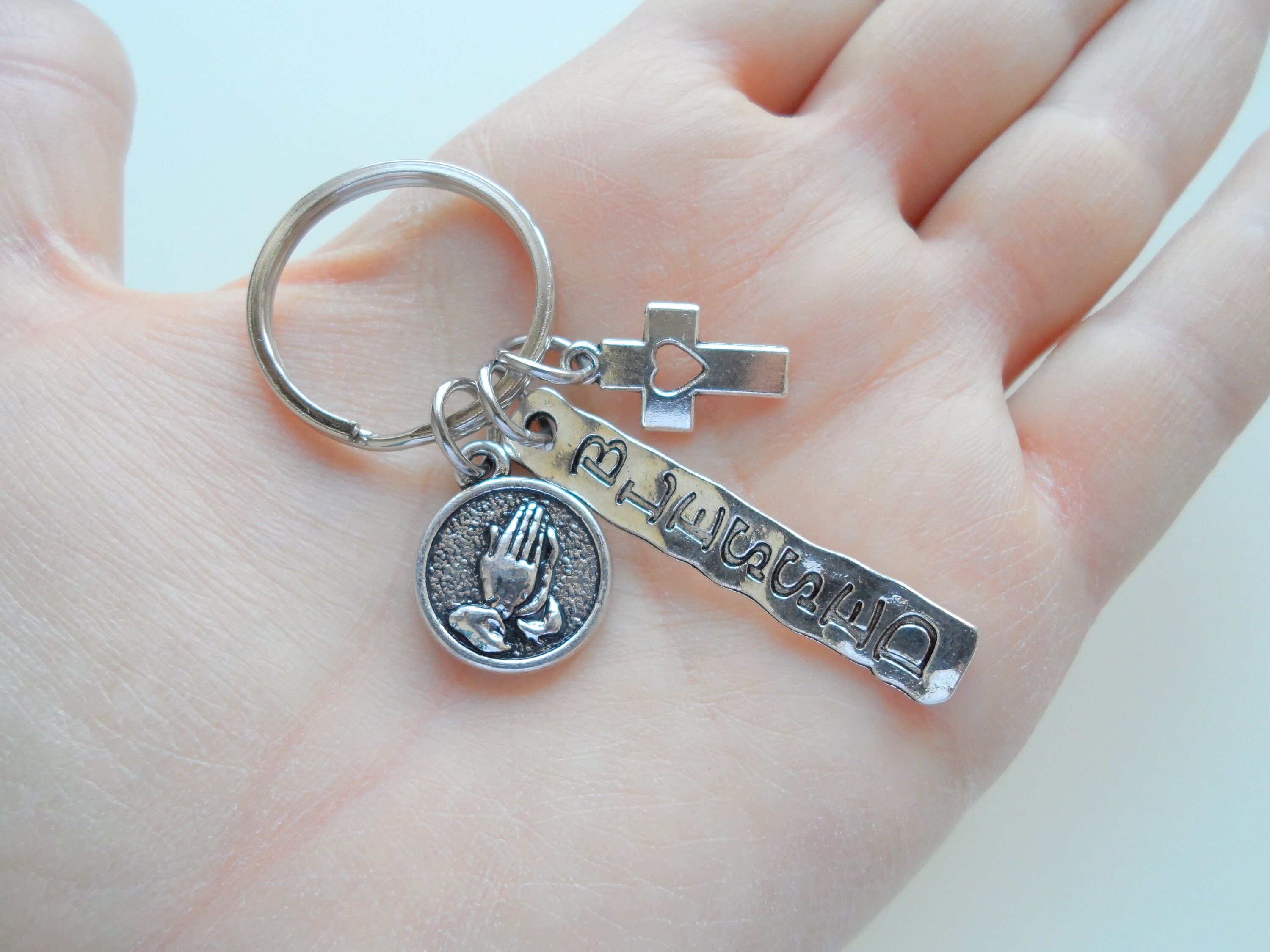 Religious Teacher Gift Keychain Praying Hands Charm Cross Etsy