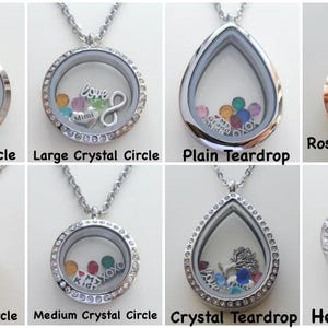 May include: A set of ten locket necklaces in various styles and sizes. The lockets are silver and rose gold in color and feature a variety of designs, including circles, teardrops, and hearts. The lockets are adorned with crystals and charms, and some have the words "love", "family", "mom", and "rest" inscribed on them.