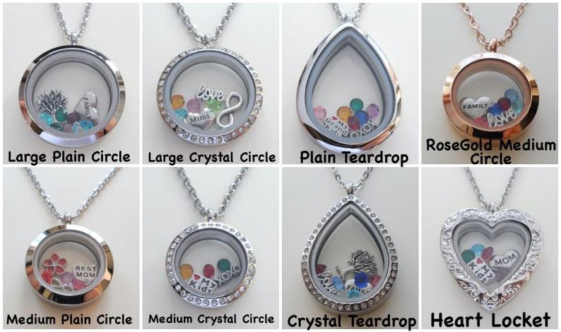 May include: A set of ten locket necklaces in various styles and sizes. The lockets are silver and rose gold in color and feature a variety of designs, including circles, teardrops, and hearts. The lockets are adorned with crystals and charms, and some have the words "love", "family", "mom", and "rest" inscribed on them.