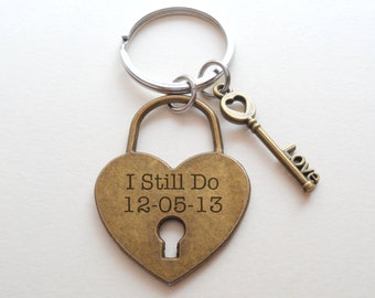 Custom Engraved Bronze Heart Lock & Key Keychain, Couples Keychain, Husband Wife, Girlfriend Boyfriend Gift, 8 Year 19 Year Anniversary Gift