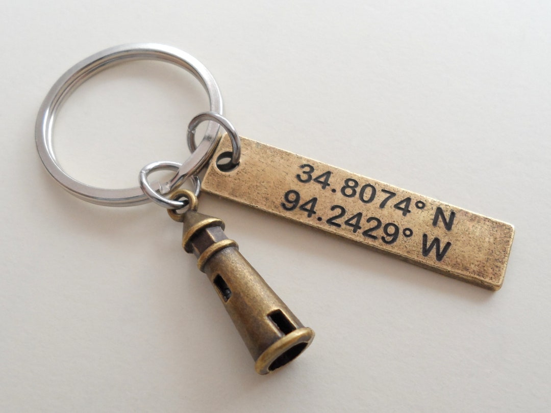 Bronze Lighthouse Keychain With Coordinates Engraved, Couples Keychain
