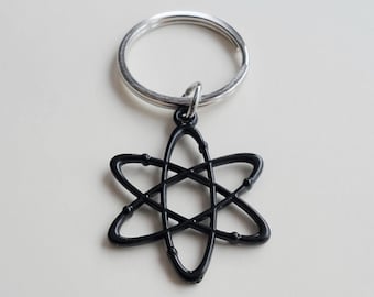 Black Enamel Atom Charm Keychain, Science, Physics, Chemistry Key Chain