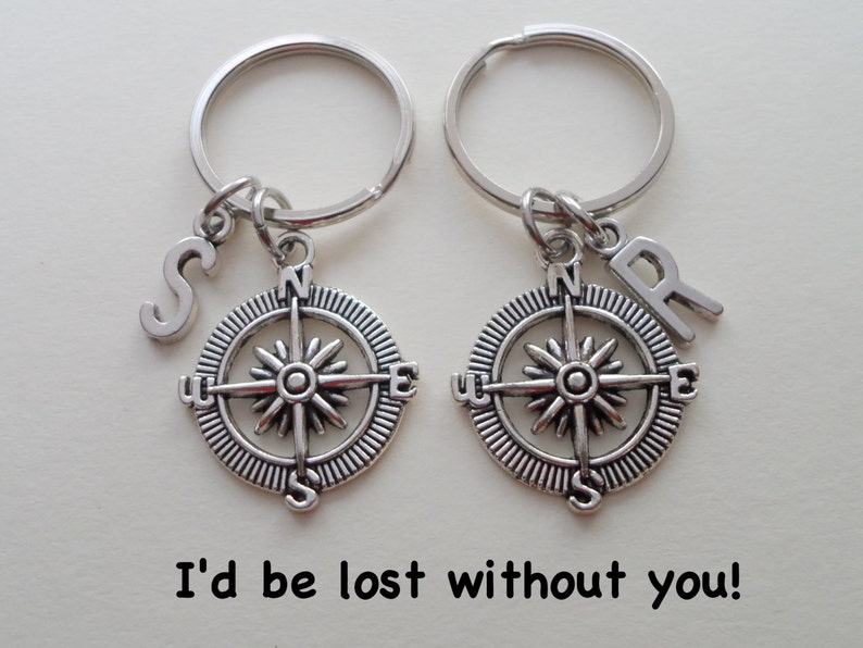 Best Friend Compass Keychain Set Initial Charm Couples Etsy