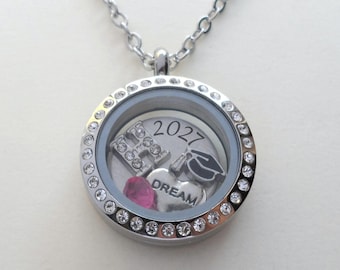 Graduation Floating Charm Locket Necklace, Medium Circle Locket, Class of 2026 (Or Other Years) Graduate Gift Necklace, Going Away