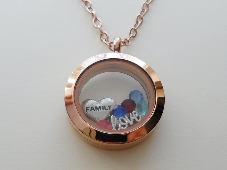 Floating Charm Locket Necklace, Birthstones Necklace, Mothers Necklace, Grandma Necklace, Memorial Gift, Personalized Steel Necklace Gift RoseGoldMediumCircle