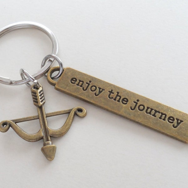 Bronze Bow and Arrow Charm Keychain with Enjoy the Journey Charm, Fairy Tale Key Ring Gift, Knight, Warrior Keychain