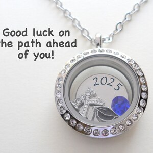 Class of 2025 Graduation Floating Charm Locket Necklace with Grad Cap Charm, Medium Circle Locket, Graduate Gift Necklace