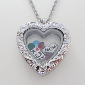 Floating Charm Locket Necklace, Birthstones Necklace, Mothers Necklace, Grandma Necklace, Memorial Gift, Personalized Steel Necklace Gift Heart Locket