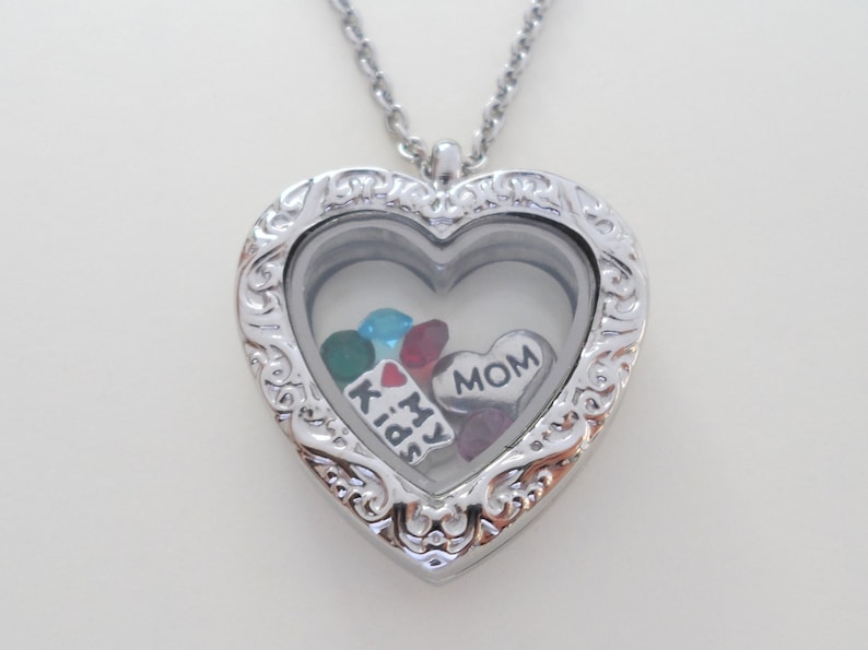 Floating Charm Locket Necklace, Birthstones Necklace, Mothers Necklace, Grandma Necklace, Memorial Gift, Personalized Steel Necklace Gift Heart Locket