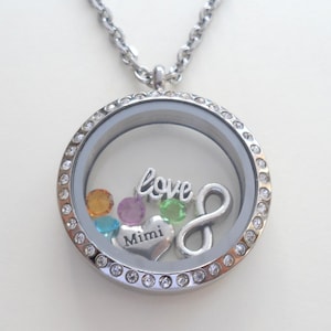 Floating Charm Locket Necklace, Birthstones Necklace, Mothers Necklace, Grandma Necklace, Memorial Gift, Personalized Steel Necklace Gift Large Crystal Circle