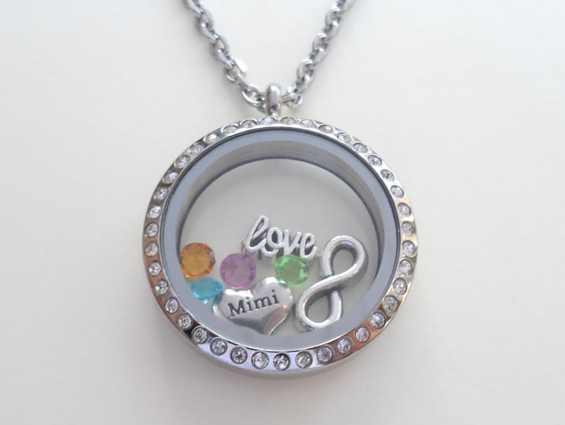 Floating Charm Locket Necklace, Birthstones Necklace, Mothers Necklace, Grandma Necklace, Memorial Gift, Personalized Steel Necklace Gift Large Crystal Circle