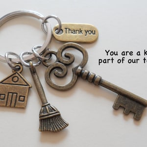 Housekeeping Appreciation Gift Keychain, Cleaning Crew Keychain, Janitor, Janitorial Staff Gift, Staff Thank you Gift, Bronze Key & Broom